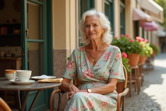 Femme senior stylée en robe mi-longue fleurie assise à la terrasse d'un café, conseils mode pour femmes de 75 ans