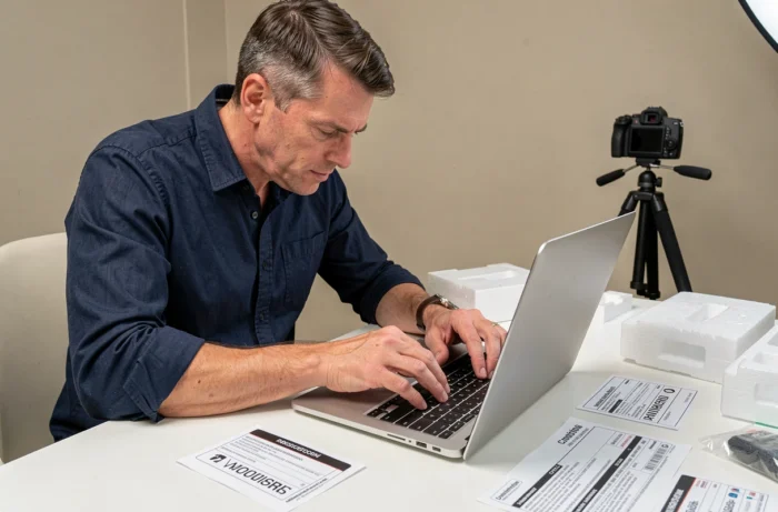 Vendeur préparant des photos d'un ordinateur portable reconditionné pour une annonce en ligne