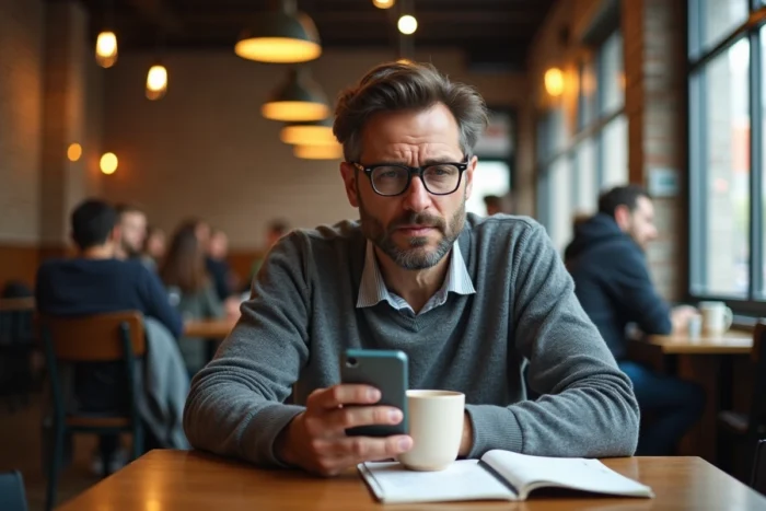 Homme consultant son smartphone dans un café, symbolisant la vérification d'une source d'information en ligne et la méfiance numérique