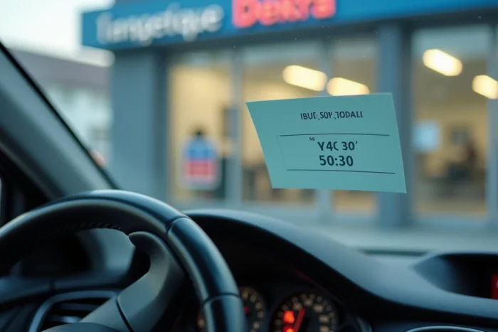 Vignette de contrôle technique collée sur le pare-brise d'une voiture garée devant un centre Dekra
