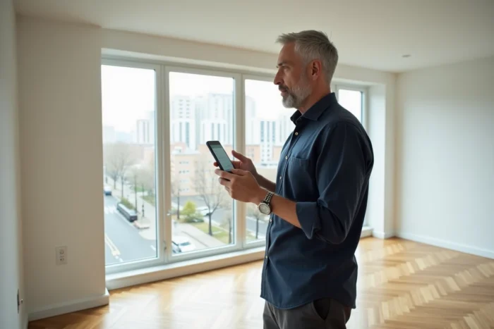 Homme visitant un appartement à louer en consultant une application de location immobilière sur smartphone