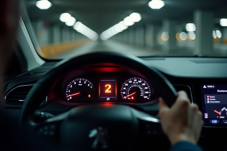 Voyant orange allumé sur le tableau de bord d'une Peugeot 5008 en vue rapprochée