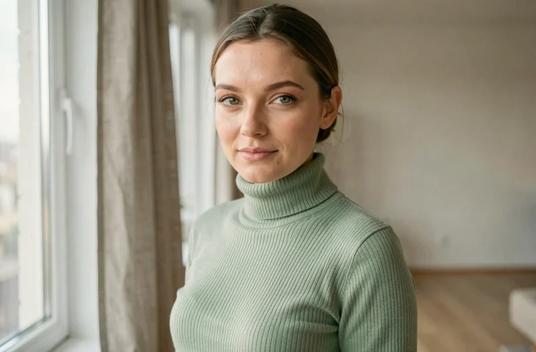 Femme aux yeux hazel gris portant un pull col roulé vert sauge qui sublime ses yeux changeants, photographiée dans un appartement scandinave minimaliste